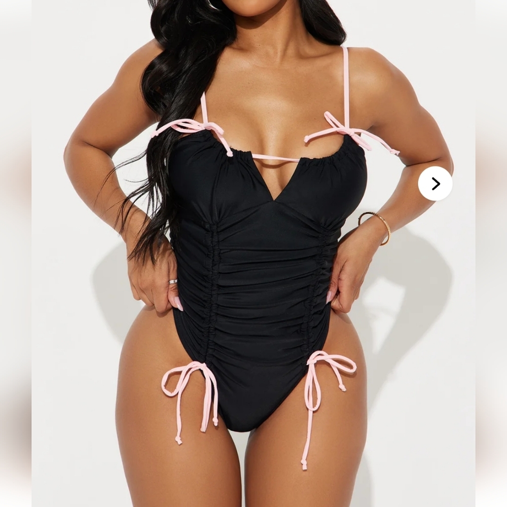 Black One-Piece Swimsuit with Pink Ties EUC Size XL